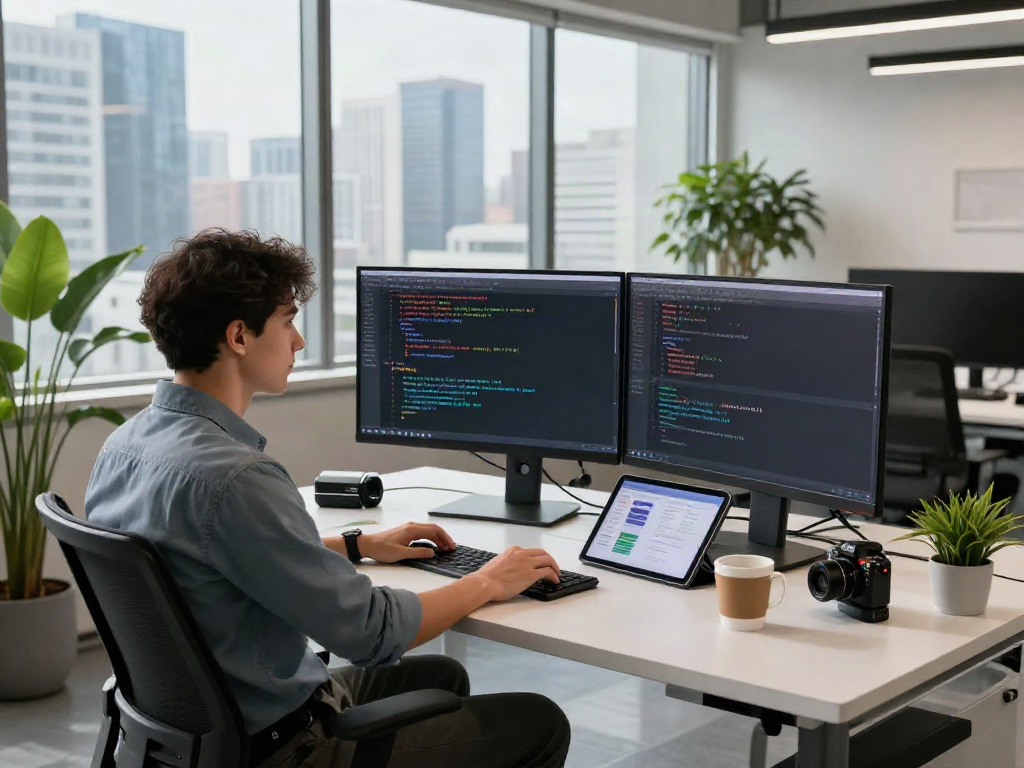 AI +18 development scene featuring a focused engineer at a modern tech workspace with dual monitors and design tools.
