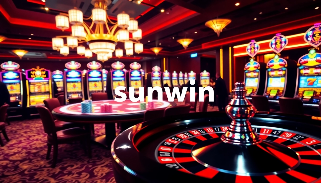 Enjoy a thrilling game of poker at Sunwin Casino, highlighted by vibrant chip stacks and spinning roulette.
