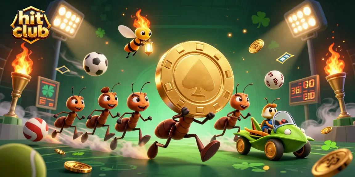 Play and win at hit club with ants heisting a giant poker chip in a vibrant casino environment.