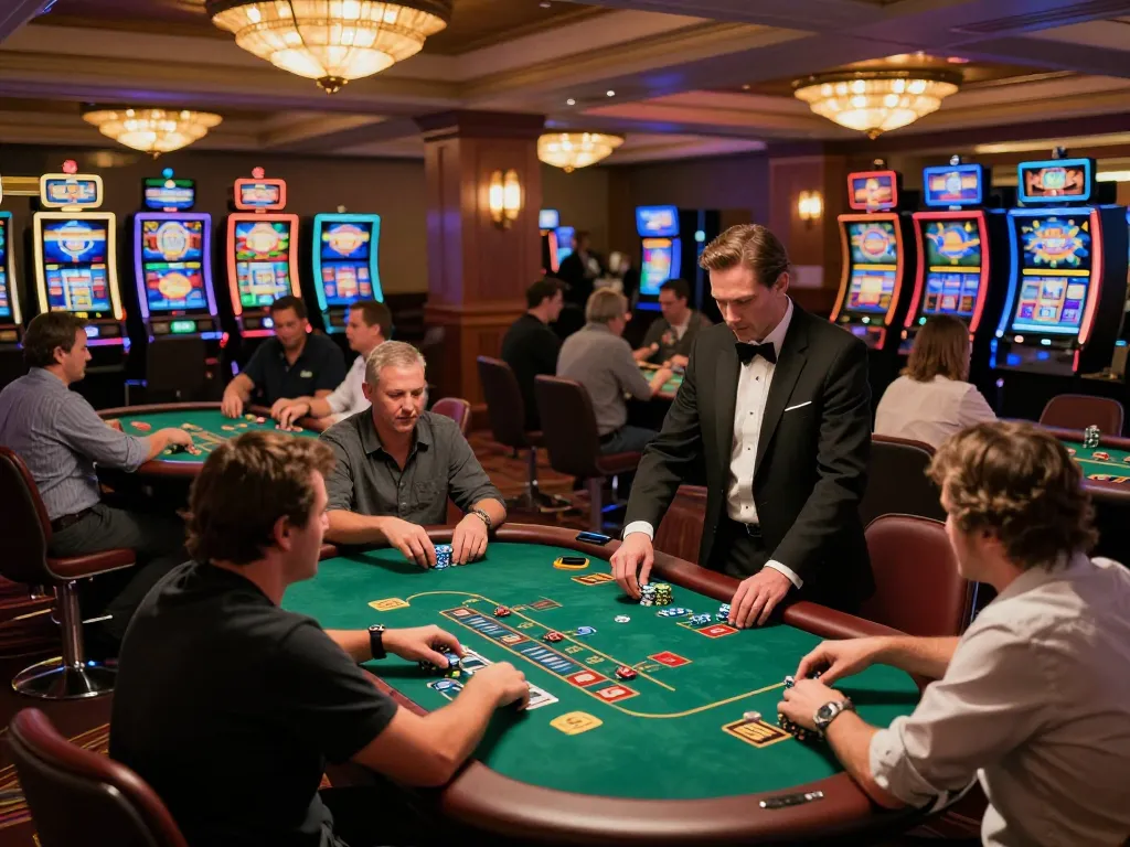 Players engaging in exciting gameplay at LV88's vibrant casino floor filled with table games