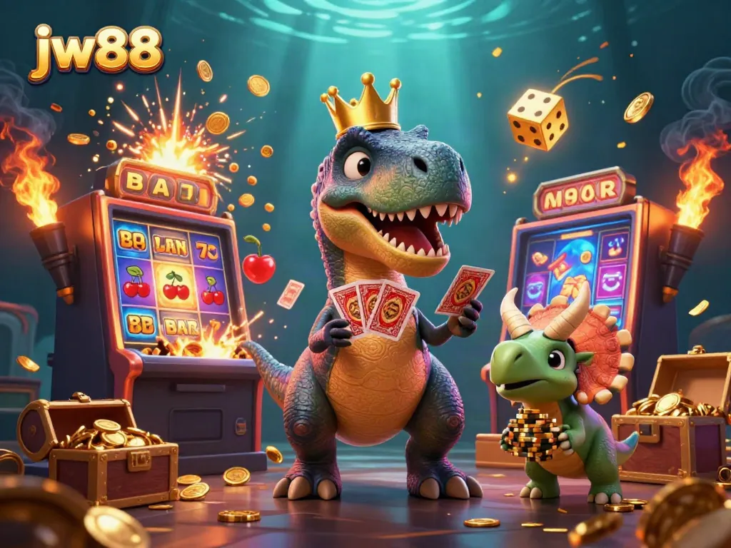 Experience exciting wins at jw88 with a playful dinosaur-themed casino scene packed with vibrant games.