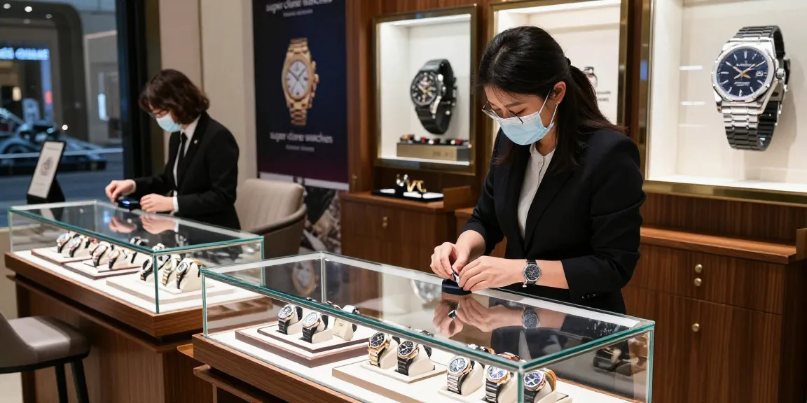 Replica watches displayed in a luxury showroom, showcasing high-end timepieces with elegance and sophistication.
