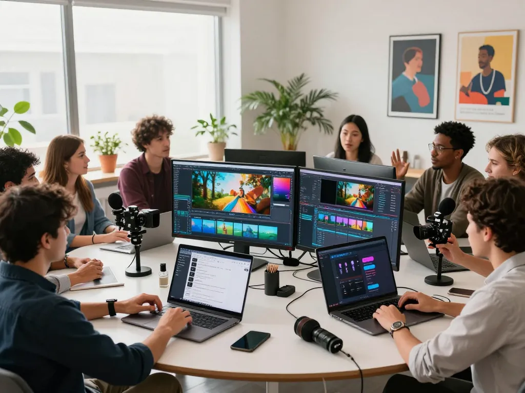 Diverse team using Seedance AI for innovative video production in a collaborative studio.