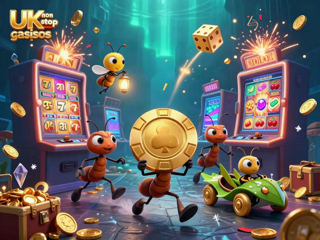 Dynamic scene illustrating UK non gamstop casinos with ants, golden chips, and bursting slot machines.