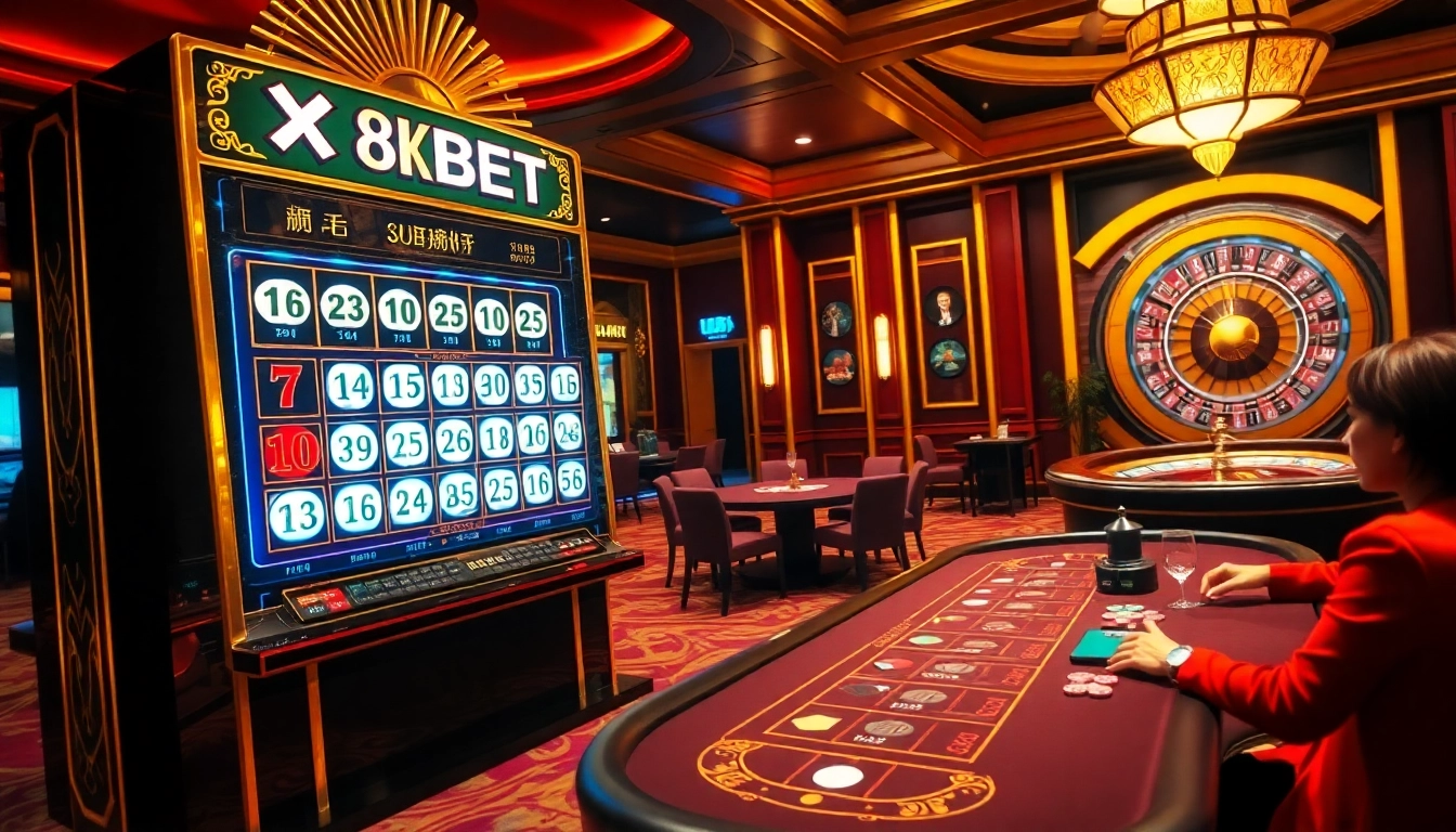 Experience the thrilling Xổ số 8KBET lottery draw amidst a luxurious casino atmosphere.