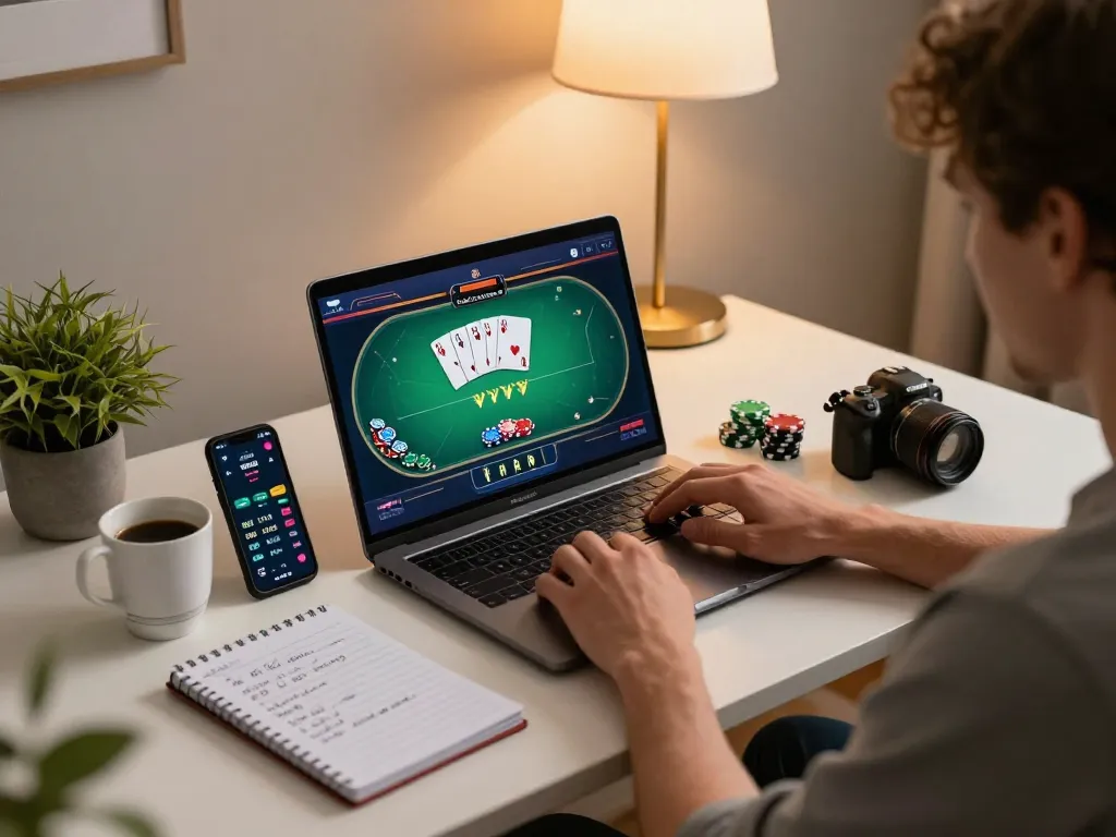 Engaging poker game on a laptop for hitclub members, showcasing strategic playing and note-taking for better odds.