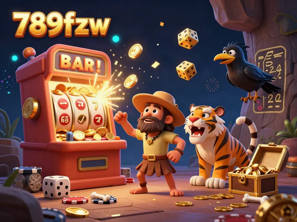 Experience the thrills of 789fzw with this vibrant illustration of a prehistoric casino scene featuring a caveman and sabertooth tiger.