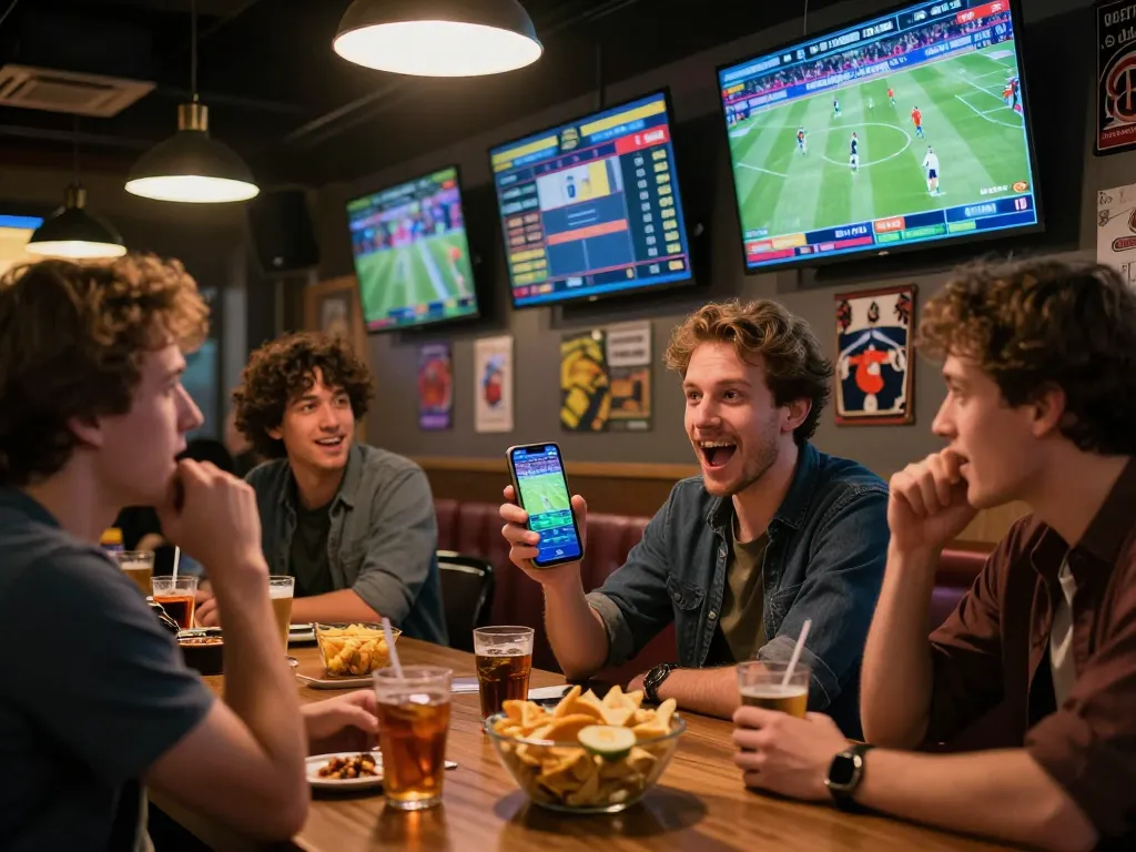 Exciting moment of live betting on tỷ lệ kèo trực tuyến at a sports bar with friends.
