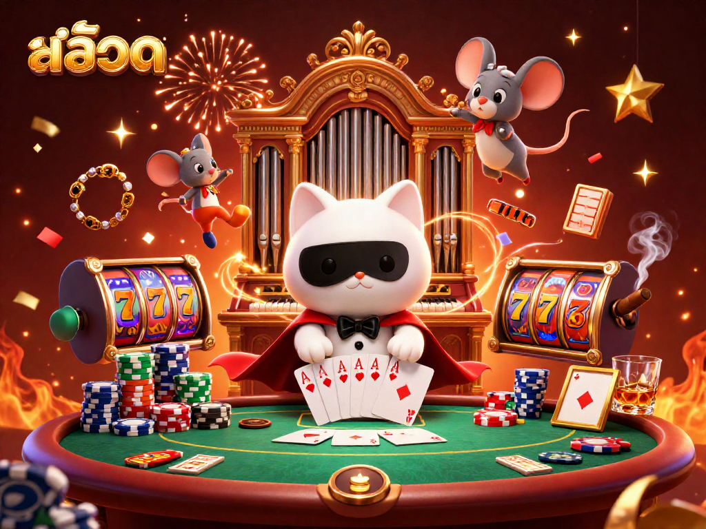 Experience the thrill of สล็อต action with a 3D cat organist, slot reels, and vibrant casino elements.