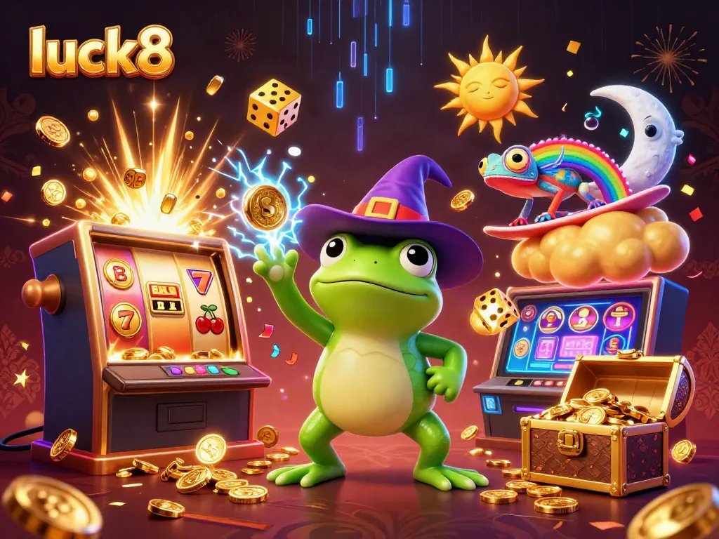 Spin to win at luck8 with a vibrant scene of a wizard frog and chameleon amidst jackpot delights!