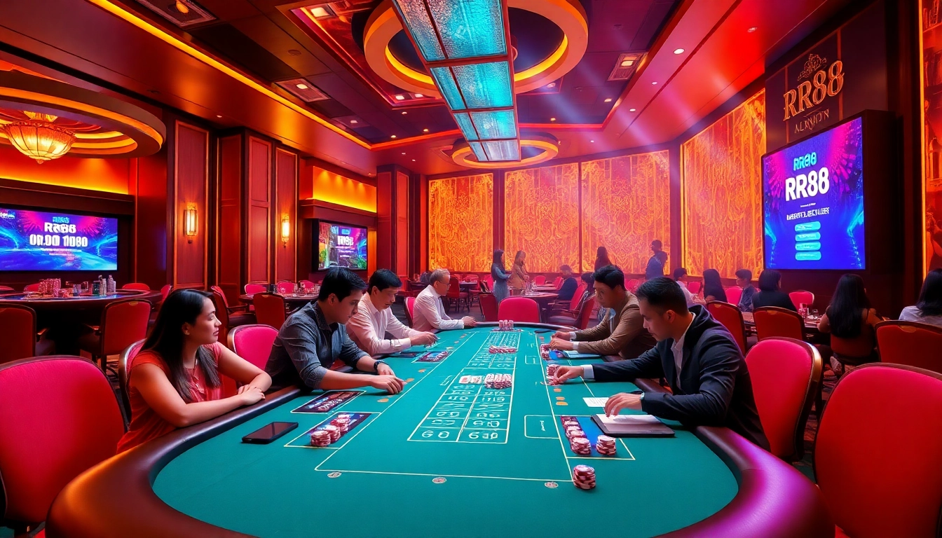 RR88 players strategizing at an elegant casino table with vibrant poker chips and roulette wheel.