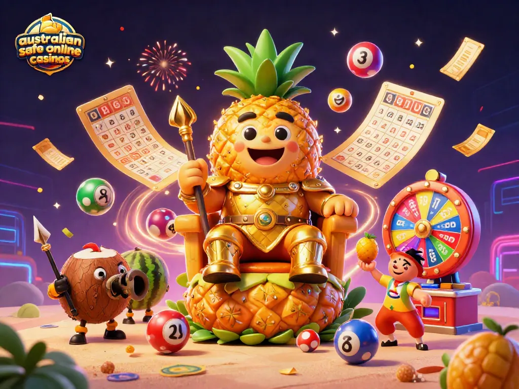 Experience the thrill at australian safe online casinos with a vibrant casino scene featuring festive characters.