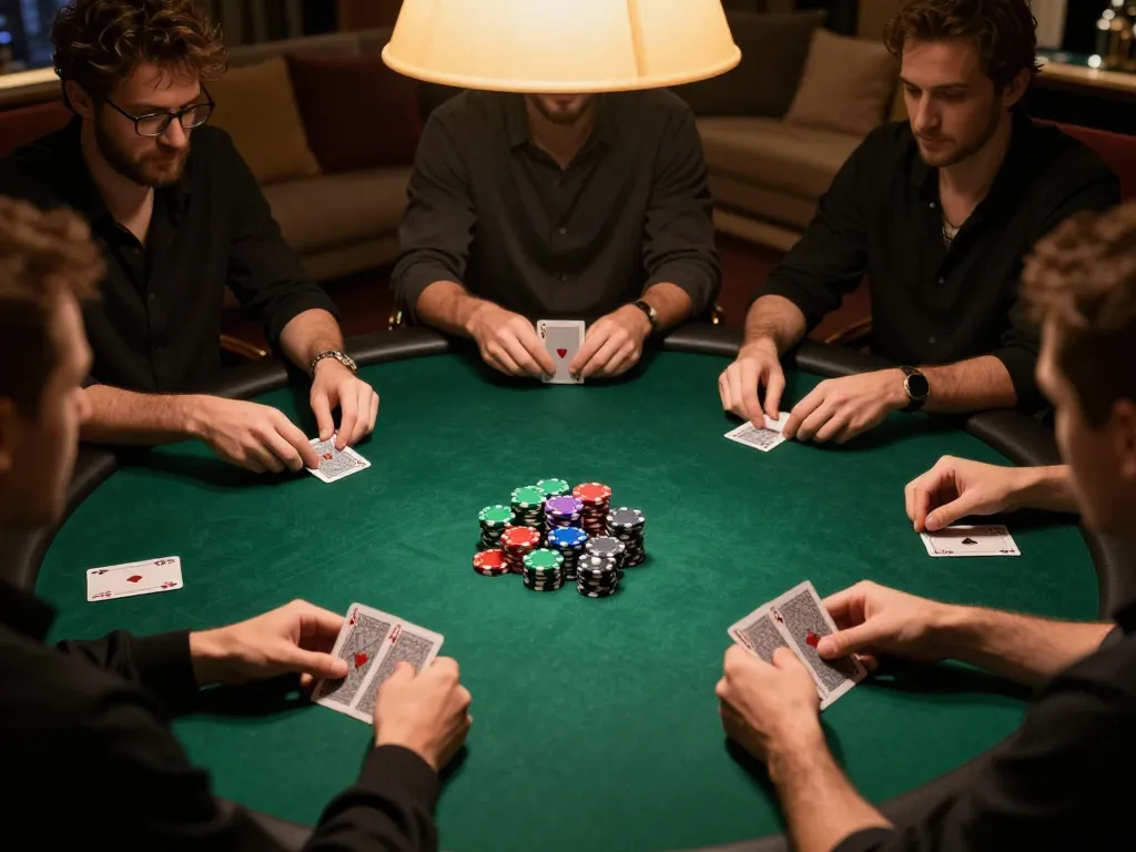 Engaged players at an iwin club poker night strategizing their next move with colorful chips and cards.