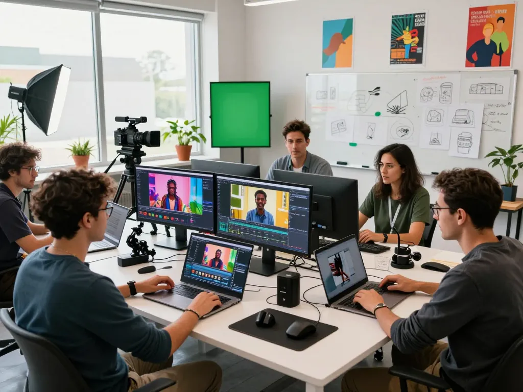 Team collaborating on ai seedance 2.0 video production in a modern studio