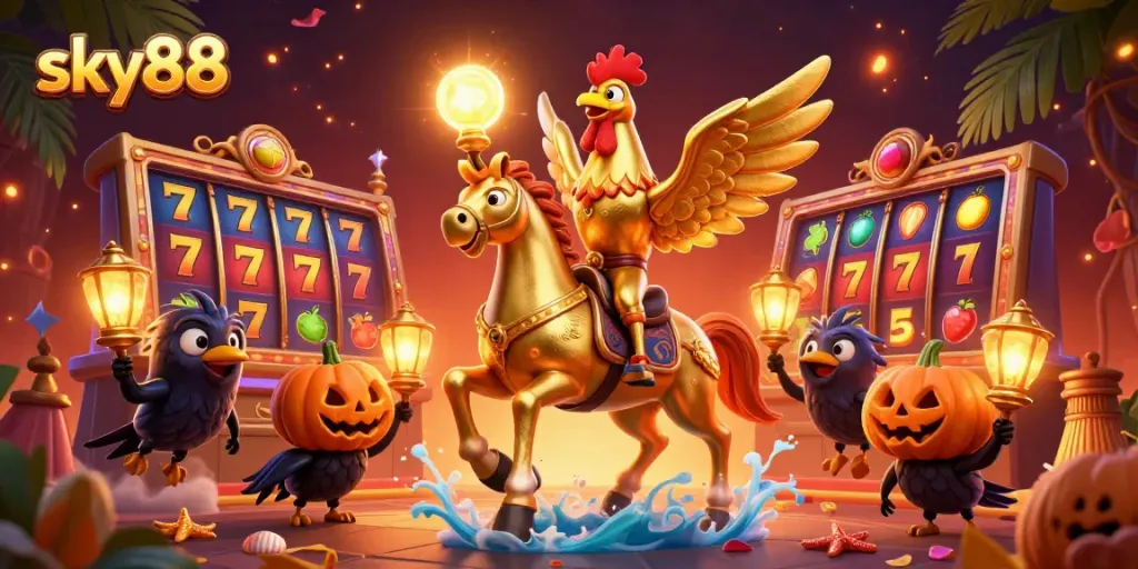 Play thrilling slots at sky88 with action-packed scene featuring golden rooster and vibrant casino elements.