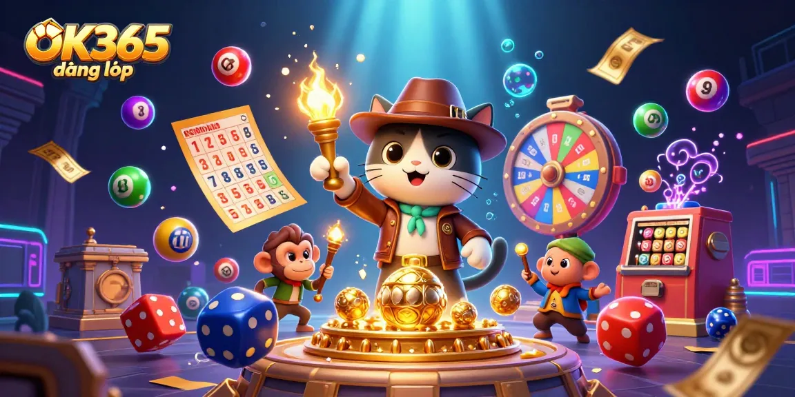 Experience the vibrant excitement of OK365 đăng nhập with colorful casino artifacts and lottery elements.