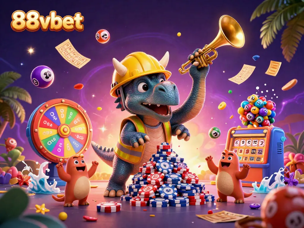 Experience the excitement of 88vbet with a vibrant 3D illustration showing fun characters in a casino setting.