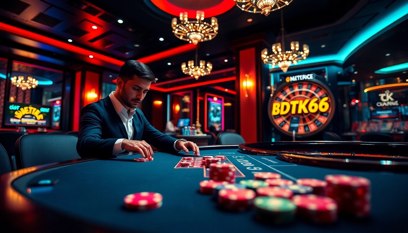 Experience thrilling poker gameplay with BDTK66 at a luxury casino table surrounded by vibrant chips and cards.