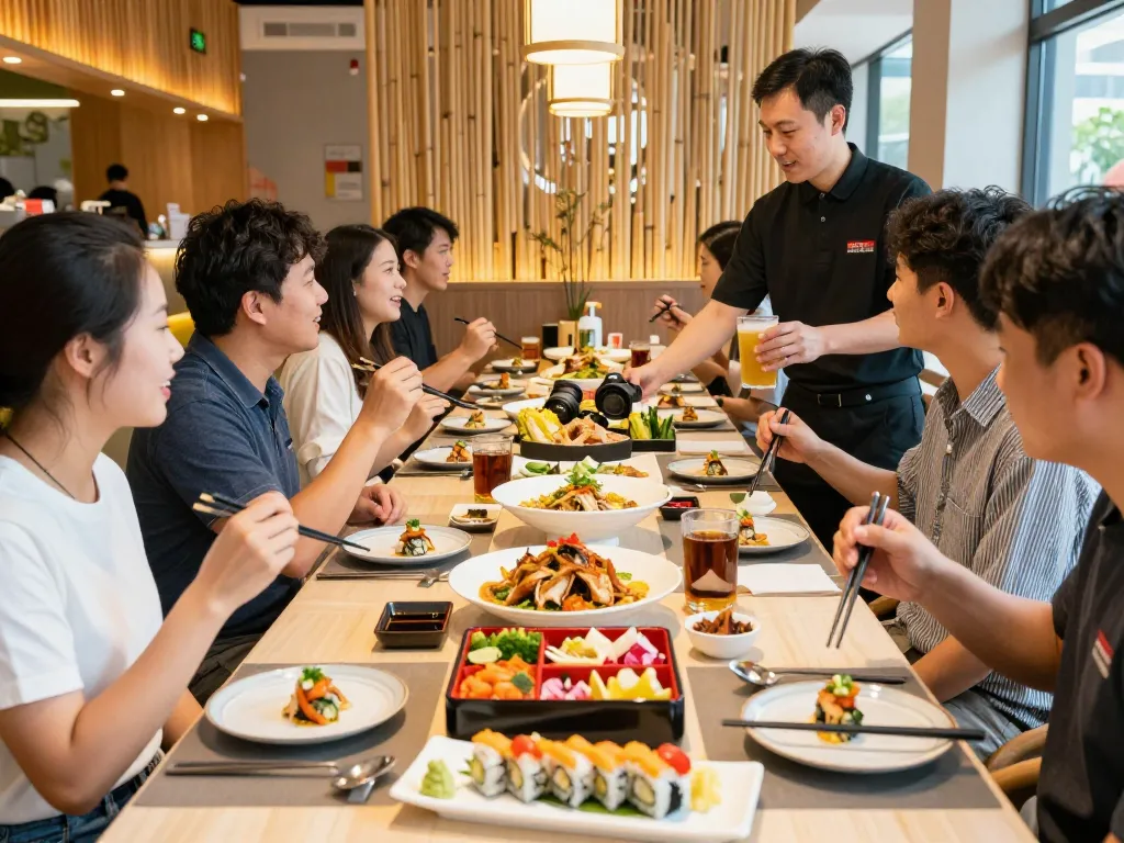 Experience RED88's vibrant Asian fusion dining atmosphere with lively patrons enjoying colorful dishes.