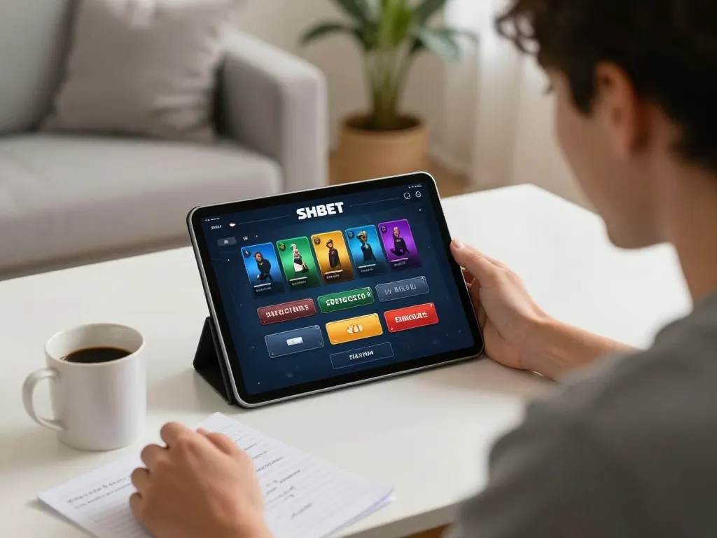 Engaging with the SHBET casino app in a cozy home setup, showcasing responsible gaming