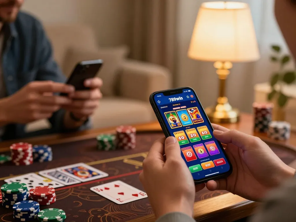 Engage with the 789win đăng ký online gaming app, showing a player excitedly placing bets in a cozy home setting.