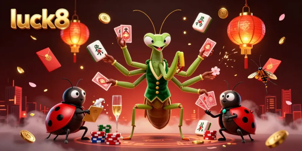 Engage luck8 players with a vibrant casino scene featuring a giant mantis card sharp and ladybug pit boss.