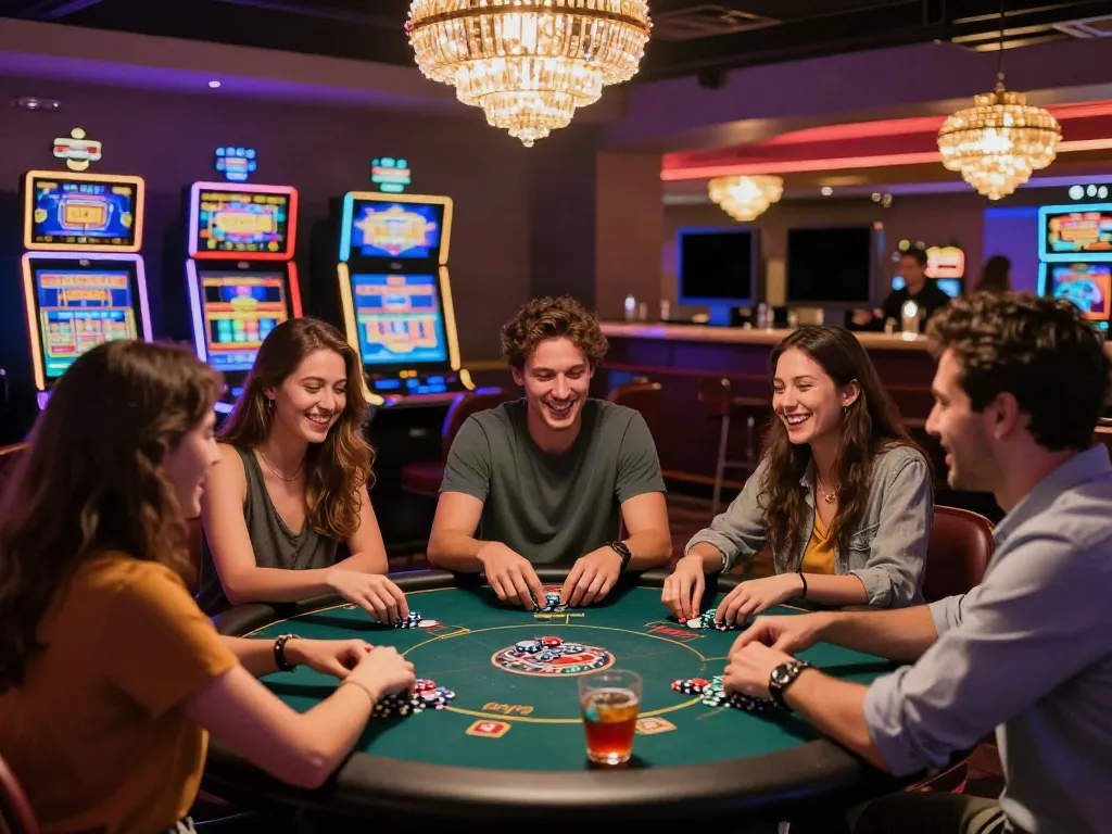 Group of friends celebrating at non GamStop casinos UK gaming lounge, capturing vibrant nightlife.
