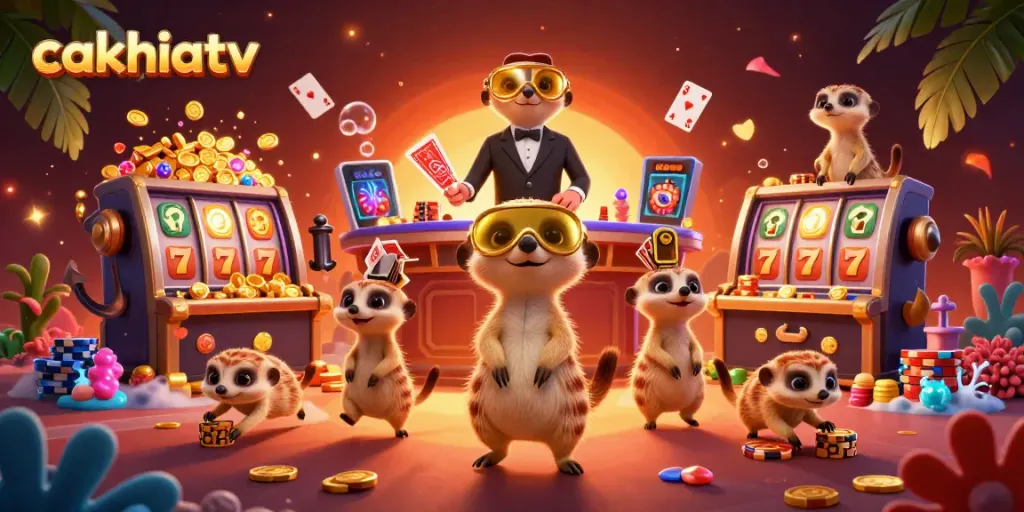 Cakhiatv showcases an energetic meerkat casino with vibrant slot machines and gold coins everywhere.