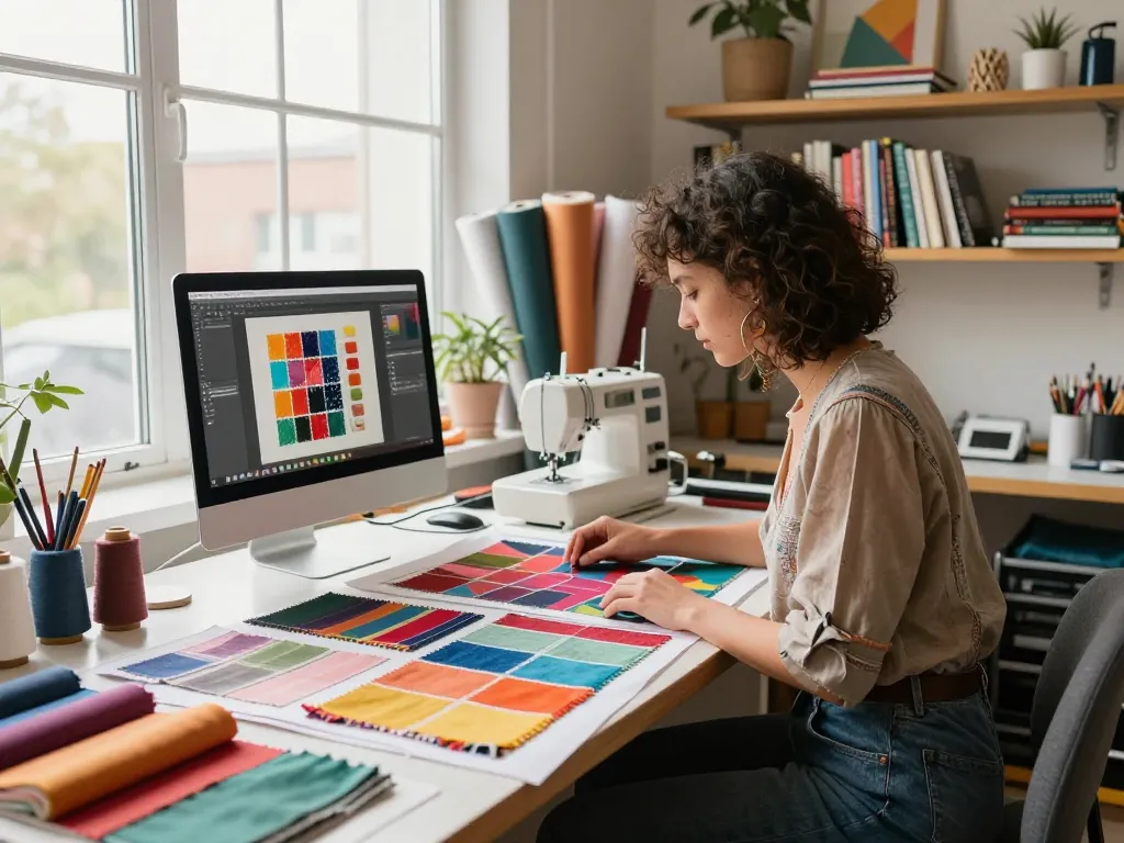 Textile designer creating unique patterns for sunwin fabric in a bright studio.