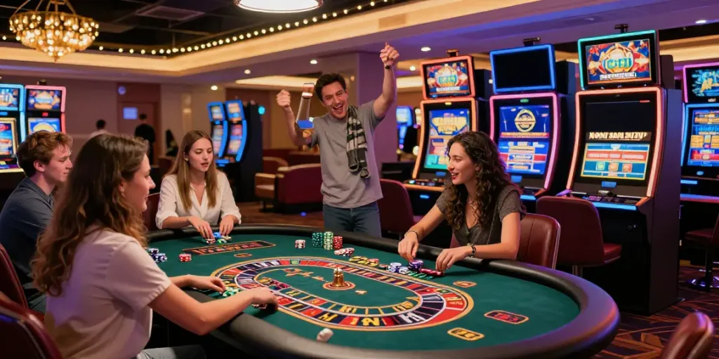 Diverse players enjoying games at a non GamStop casino in the UK, highlighting a vibrant atmosphere.
