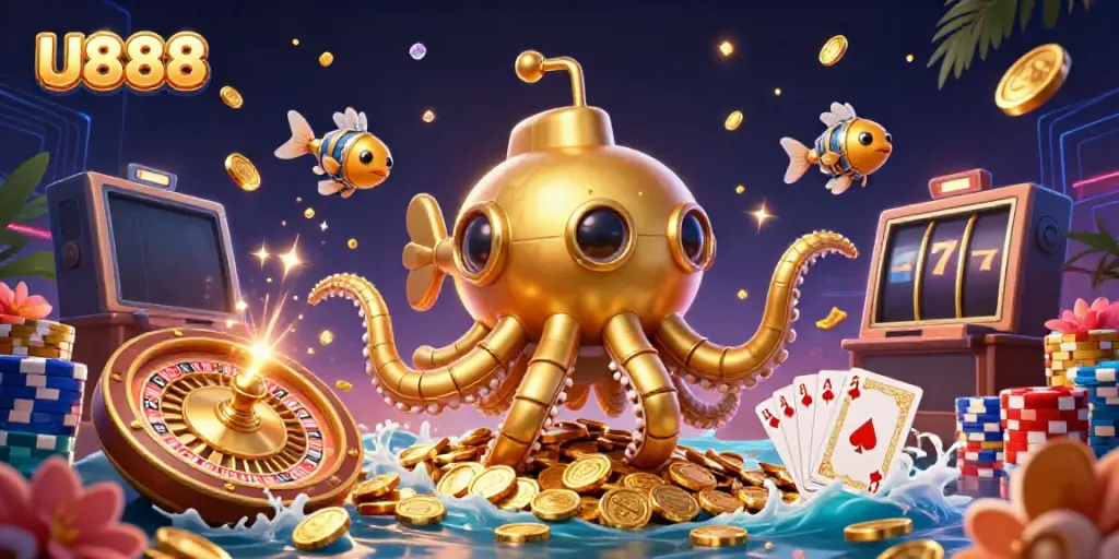 Engage with U888, a thrilling online gambling adventure featuring golden submarines and coins.
