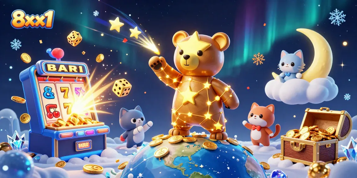 Experience the thrilling world of 8xx1 as the constellation bear scoops coins from Earth amidst a vibrant casino environment.
