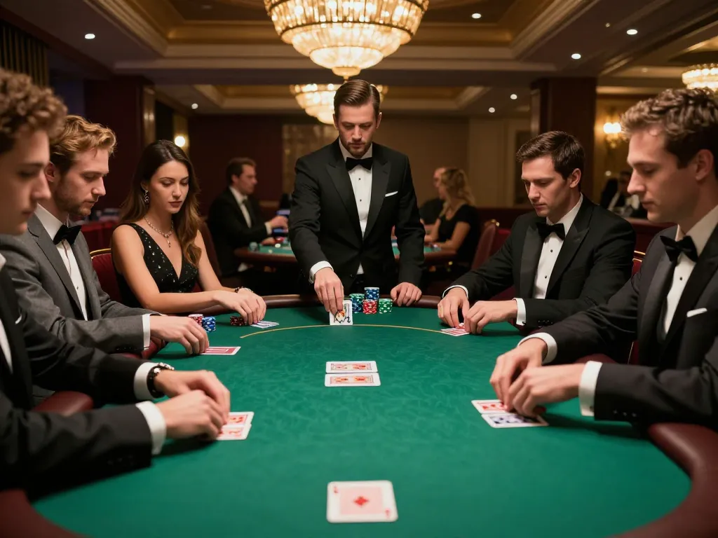 five88 poker game showcasing strategic player interactions in a luxurious casino setting.