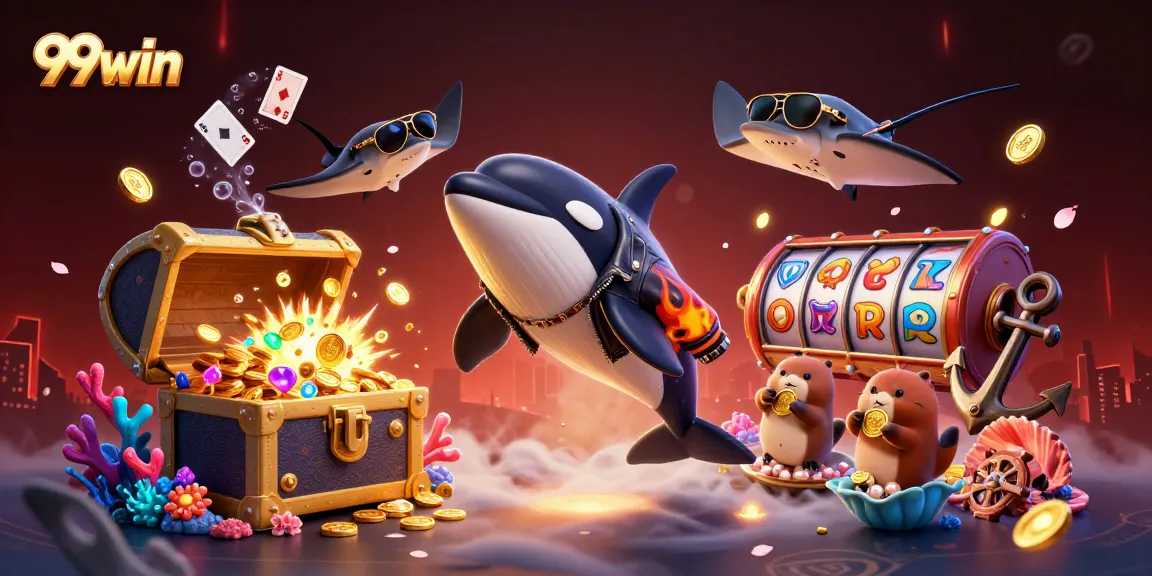 Engage with 99win in this lively underwater scene featuring characters enjoying slots and gold coin treasures.