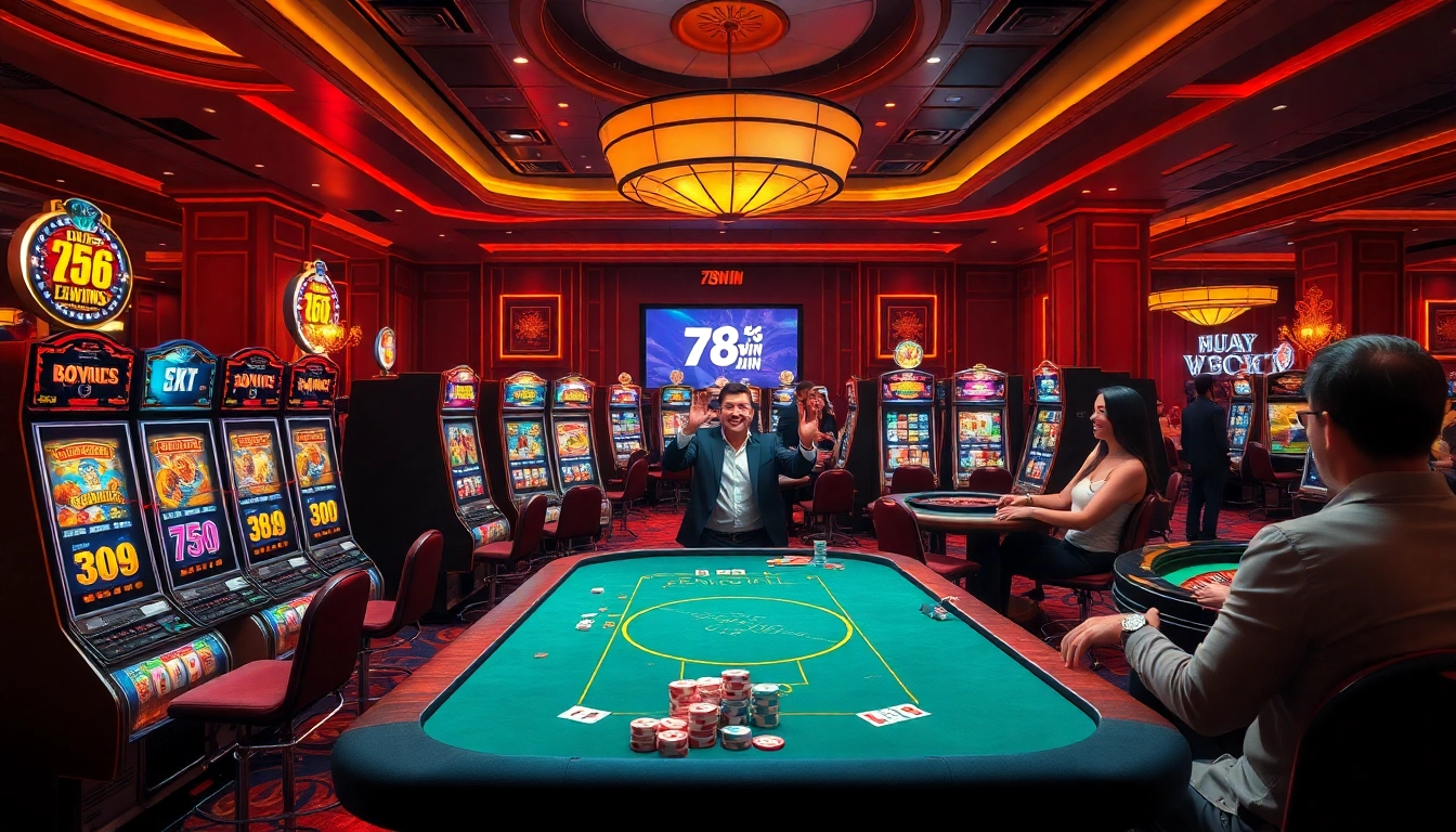 Celebrating a big win at 78WIN casino with vibrant slot machines and strategic poker tables.