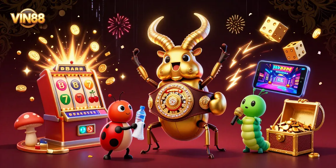Experience the excitement of VIN88 with a dynamic 3D casino illustration featuring vibrant game elements and characters.
