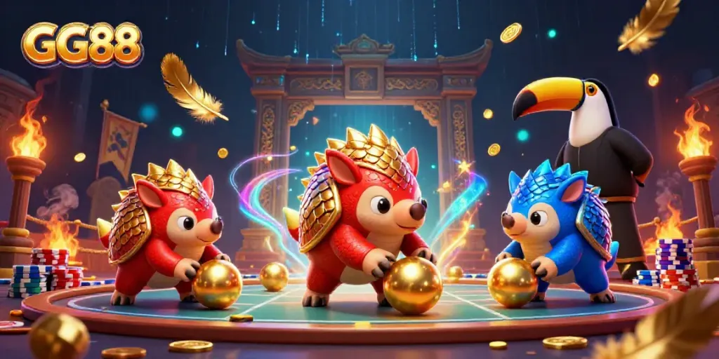 Watch GG88's cartoon pangolin rivals compete in a lively casino game scene filled with poker chips.