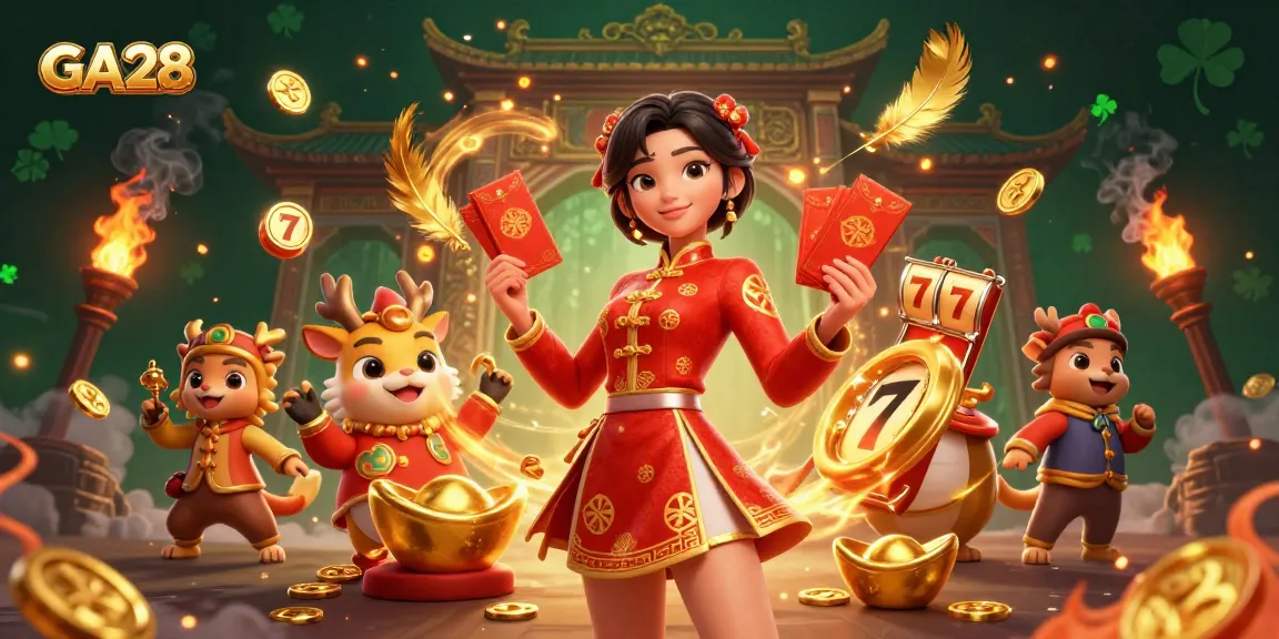 Engage in GA28 casino games featuring vibrant Lunar New Year celebrations, slot reels, and festive décor.