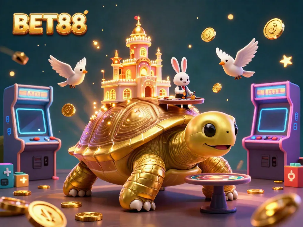 Experience the vibrant world of BET88 with a golden tortoise casino scene, interactive games, and dazzling characters.