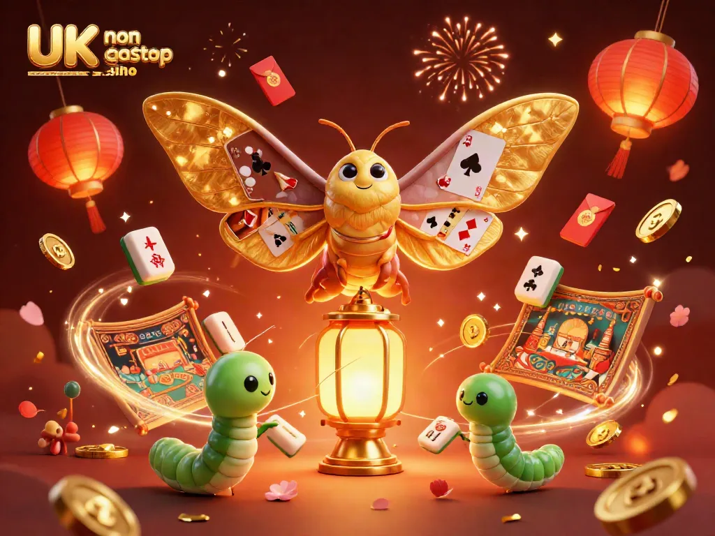 Experience thrilling gaming at UK non gamstop casino with vibrant motifs, golden elements, and festive decorations.