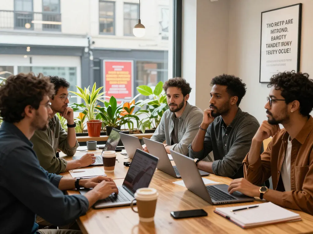 Men in a manclub discussing mental health support in a modern workspace.