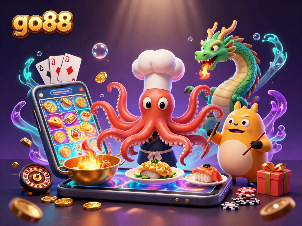 Experience exciting gaming with go88 as a 3D cartoon sushi chef octopus presents winning dishes amidst colorful slot game elements.
