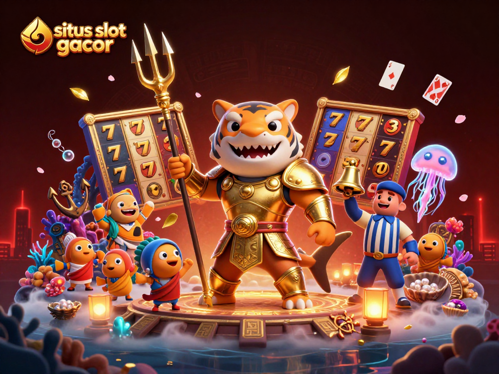 Engage with the situs slot gacor scene featuring a dynamic underwater battle with a 3D shark and cheerful fish.