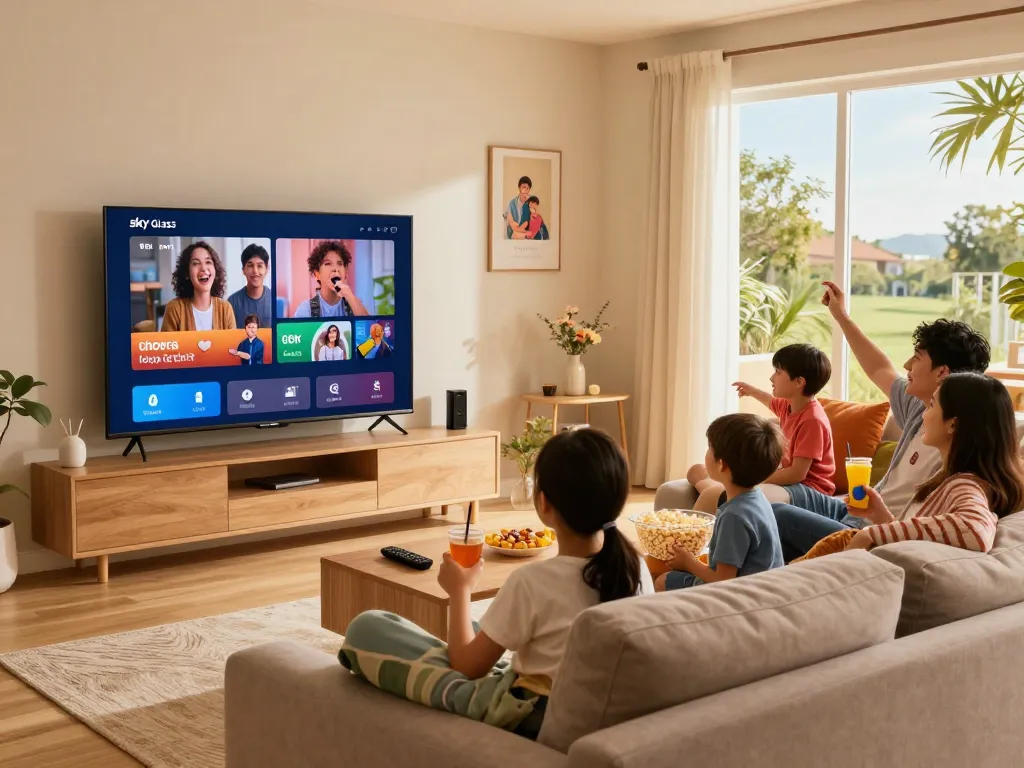 Family enjoying Sky Glass IPTV streaming in a cozy living room with smart TV and snacks