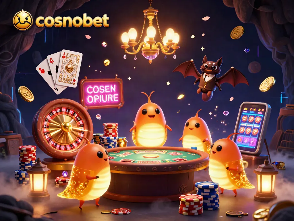 Experience excitement at Cosmobet with a vibrant casino scene featuring glowworms and a bat dealer.