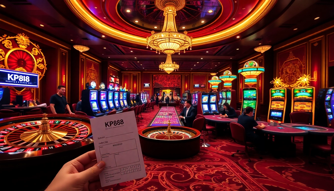 KP88 players engaging in high-stakes games at a luxurious casino, showcasing excitement and strategy.