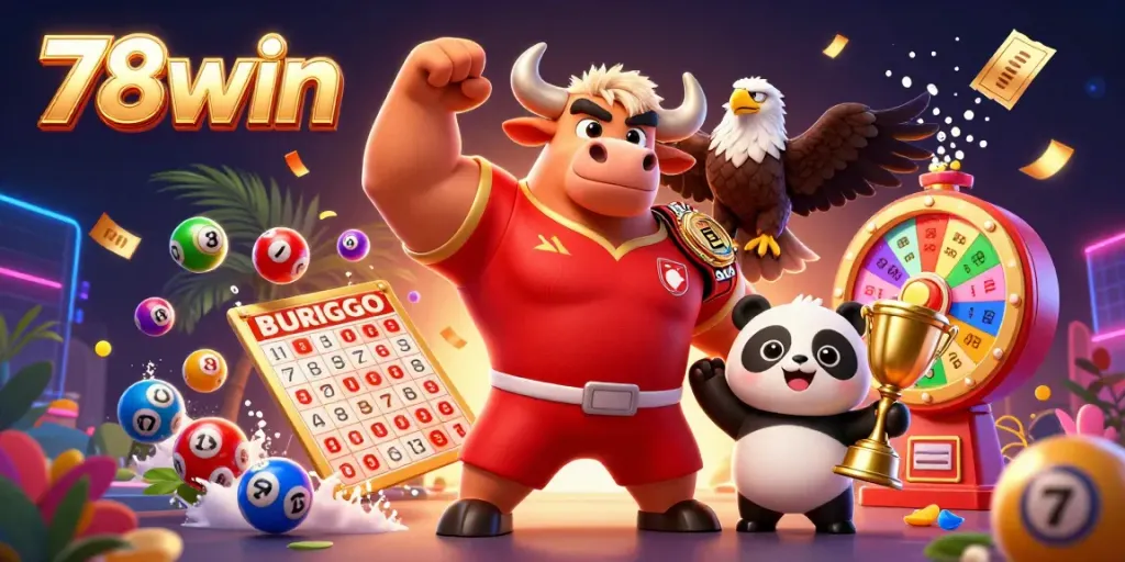 Join the excitement of 78win with a triumphant bull mascot, eagle, and panda in a dynamic gambling scene.