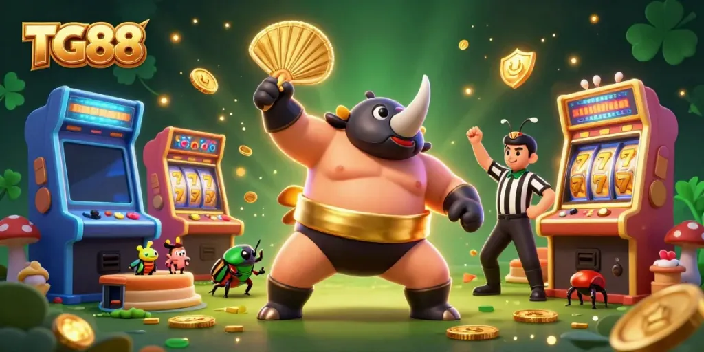 Experience thrilling wins at TG88 with a cartoon rhinoceros beetle champ and golden coins flying.