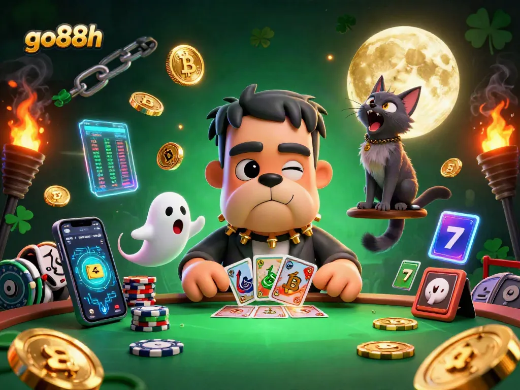 Experience thrilling gambling action at go88h with a colorful scene featuring a Frankenstein bulldog monster dealing cards.