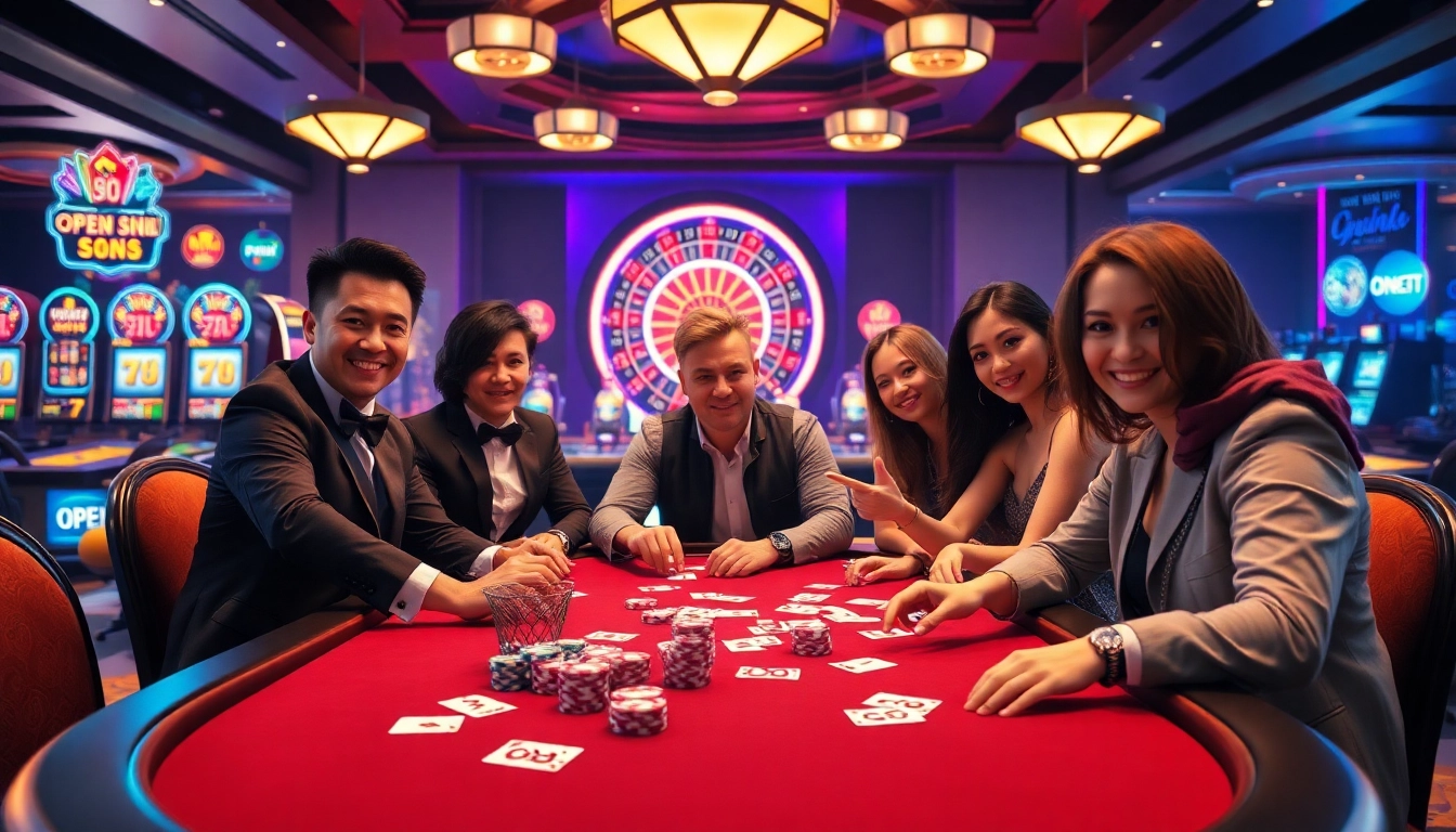 Engaged players at a poker table enjoying OPEN 88 with vibrant poker chips in a luxurious casino setting.